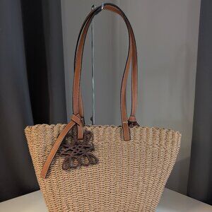 Beige Woven Raffia Shopper Bag, Swirl Design Anagram, Basket Weave, NWOT